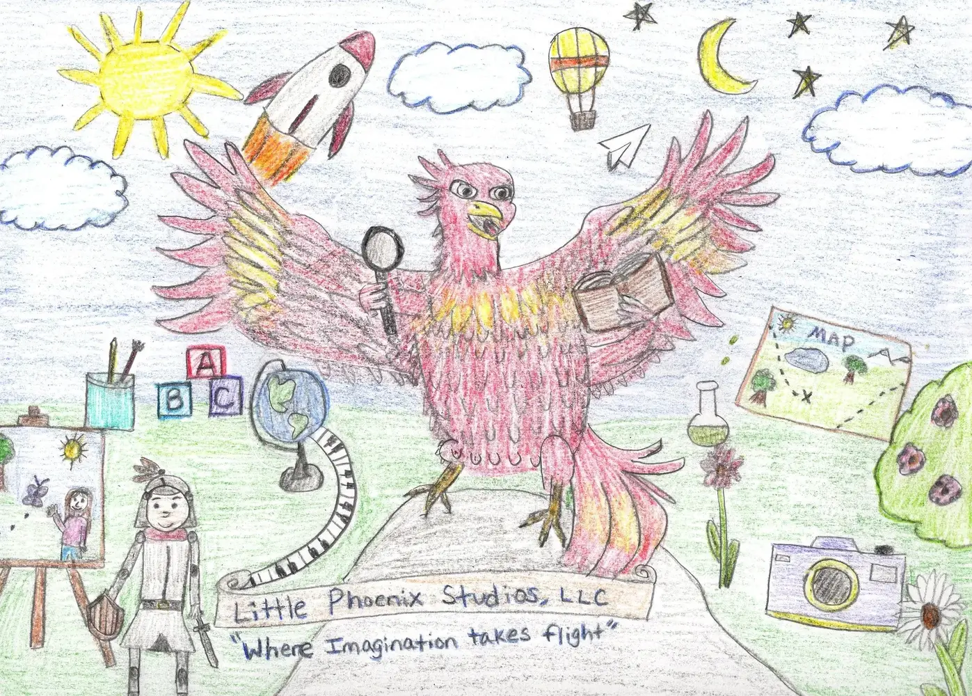 Original colored-pencil Little Phoenix Studios illustration celebrating imagination, creativity, books, and play
